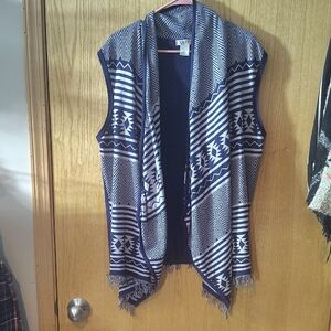 Navy and White Aztec Open-Front Sweater Vest